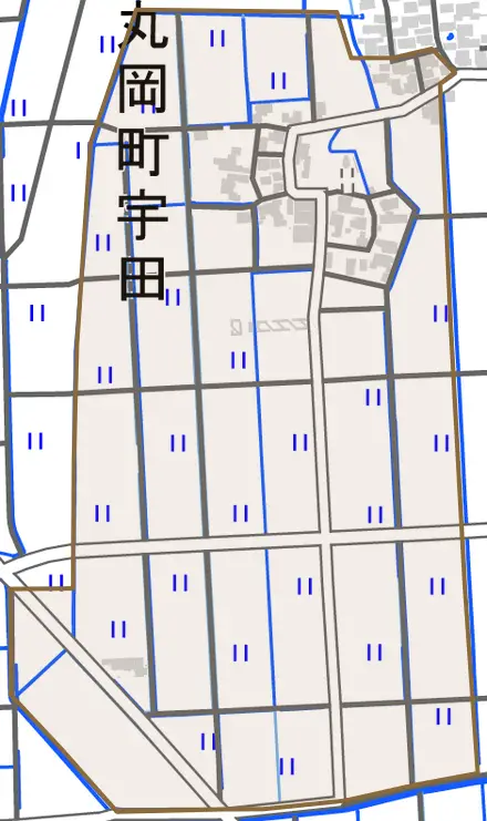 丸岡町宇田とその周辺の地図。町の範囲を重ねている