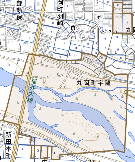 丸岡町宇随とその周辺の地図。町の範囲を重ねている
