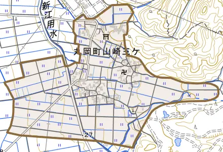 丸岡町山崎三ケとその周辺の地図。町の範囲を重ねている