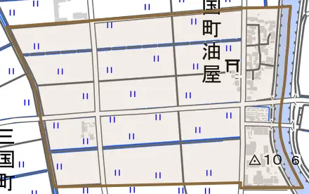 三国町油屋とその周辺の地図。町の範囲を重ねている