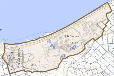 三国町浜地とその周辺の地図。町の範囲を重ねている