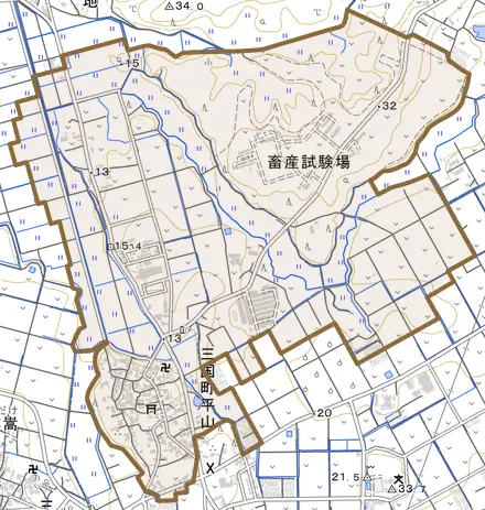 三国町平山とその周辺の地図。町の範囲を重ねている