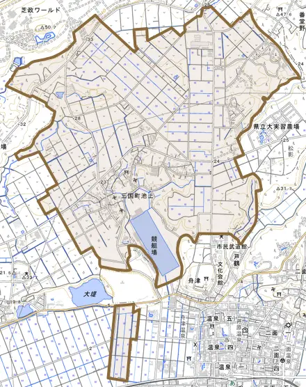 三国町池上とその周辺の地図。町の範囲を重ねている