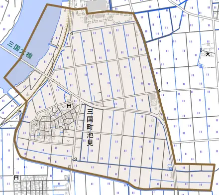 三国町池見とその周辺の地図。町の範囲を重ねている