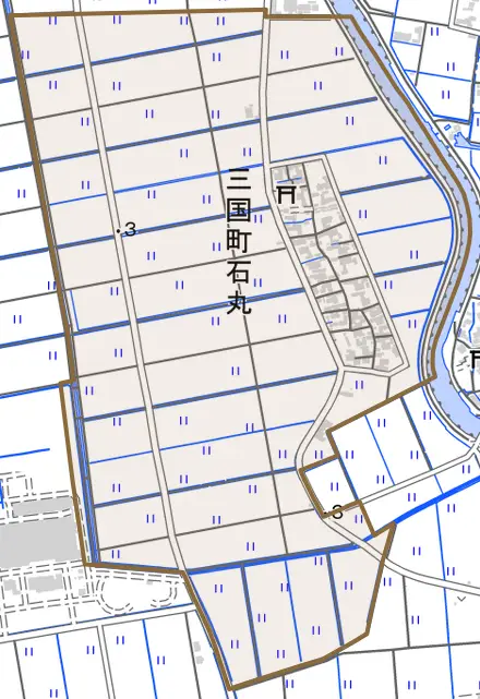 三国町石丸とその周辺の地図。町の範囲を重ねている