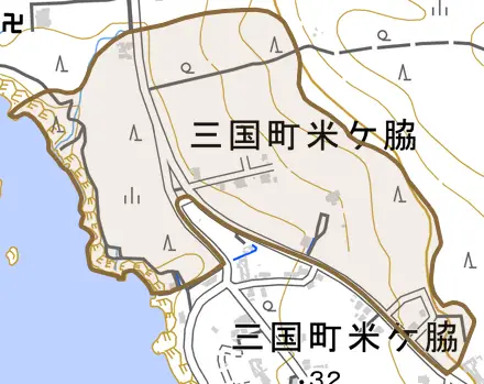 三国町米ケ脇とその周辺の地図。町の範囲を重ねている