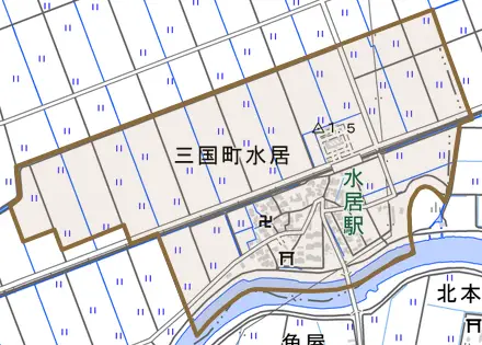三国町水居とその周辺の地図。町の範囲を重ねている