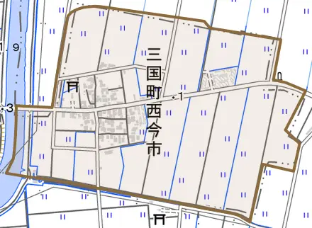 三国町西今市とその周辺の地図。町の範囲を重ねている