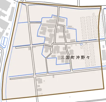 三国町沖野々とその周辺の地図。町の範囲を重ねている