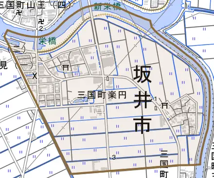 三国町楽円とその周辺の地図。町の範囲を重ねている