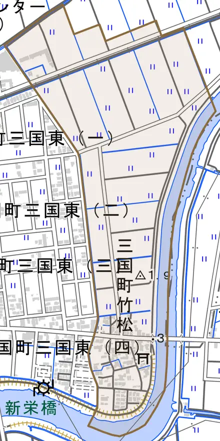 三国町竹松とその周辺の地図。町の範囲を重ねている
