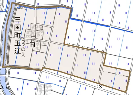 三国町玉江とその周辺の地図。町の範囲を重ねている