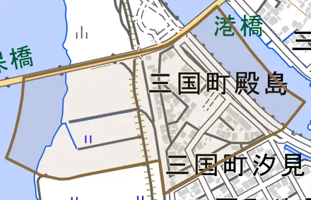 三国町殿島とその周辺の地図。町の範囲を重ねている
