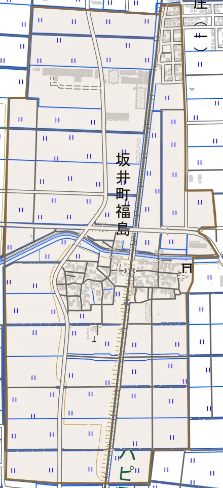 坂井町福島とその周辺の地図。町の範囲を重ねている
