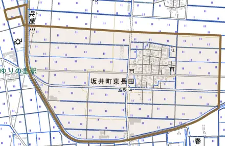 坂井町東長田とその周辺の地図。町の範囲を重ねている