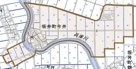 坂井町今井とその周辺の地図。町の範囲を重ねている