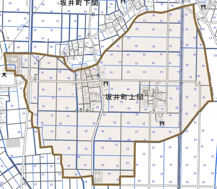 坂井町上関とその周辺の地図。町の範囲を重ねている