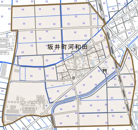坂井町河和田とその周辺の地図。町の範囲を重ねている