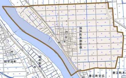 坂井町木部新保とその周辺の地図。町の範囲を重ねている