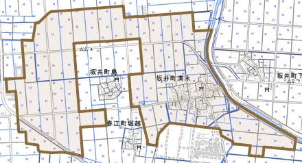 坂井町清永とその周辺の地図。町の範囲を重ねている