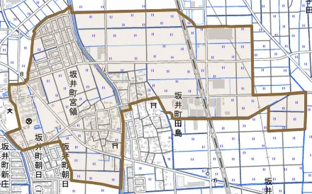 坂井町宮領とその周辺の地図。町の範囲を重ねている