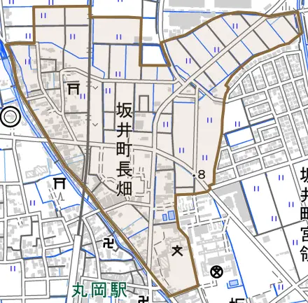 坂井町長畑とその周辺の地図。町の範囲を重ねている