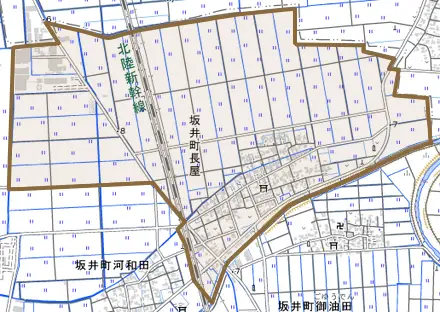 坂井町長屋とその周辺の地図。町の範囲を重ねている