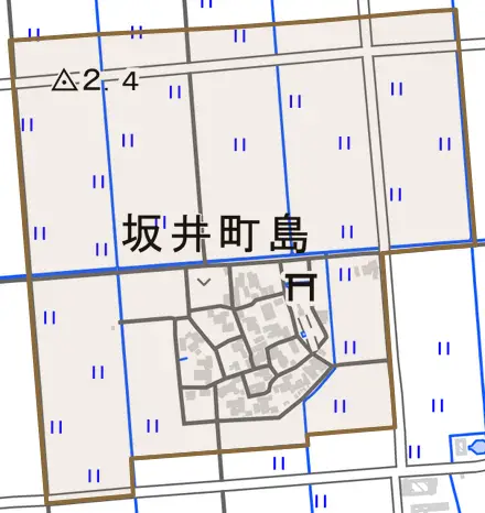 坂井町島とその周辺の地図。町の範囲を重ねている