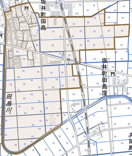坂井町田島とその周辺の地図。町の範囲を重ねている