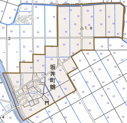 坂井町蛸とその周辺の地図。町の範囲を重ねている