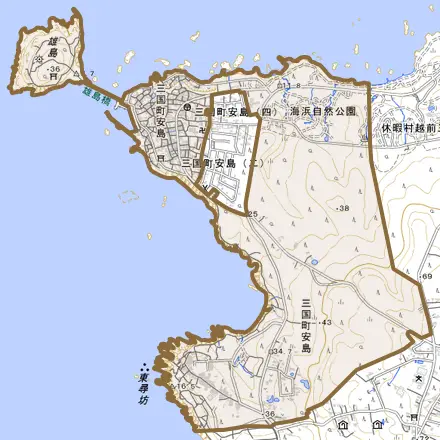 三国町安島とその周辺の地図。町の範囲を重ねている