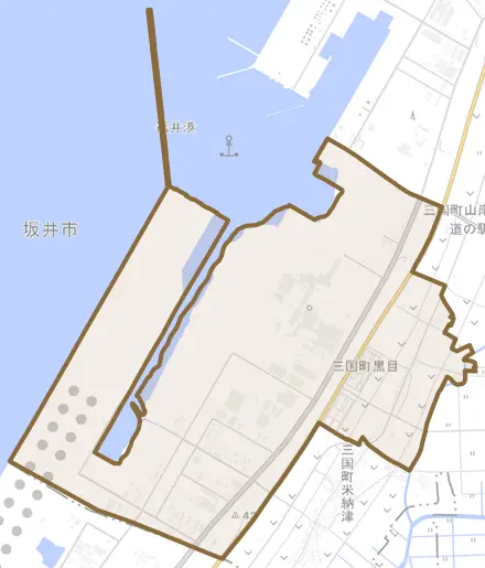 三国町黒目とその周辺の地図。町の範囲を重ねている