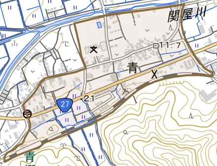 青とその周辺の地図。町の範囲を重ねている