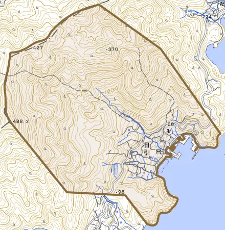 日引とその周辺の地図。町の範囲を重ねている