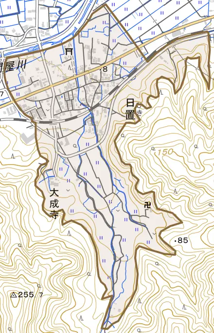 日置とその周辺の地図。町の範囲を重ねている