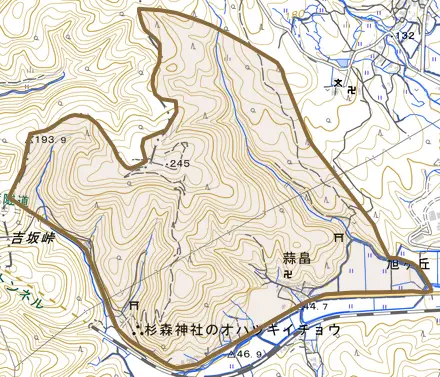 蒜畠とその周辺の地図。町の範囲を重ねている