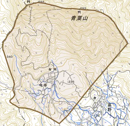 今寺とその周辺の地図。町の範囲を重ねている
