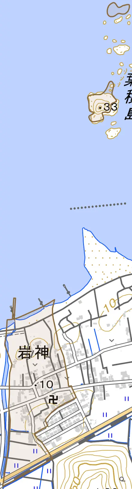 岩神とその周辺の地図。町の範囲を重ねている
