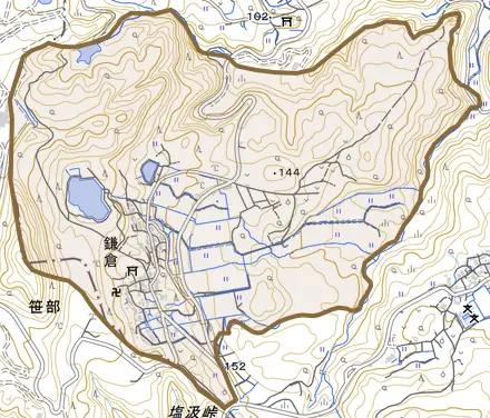 鎌倉とその周辺の地図。町の範囲を重ねている