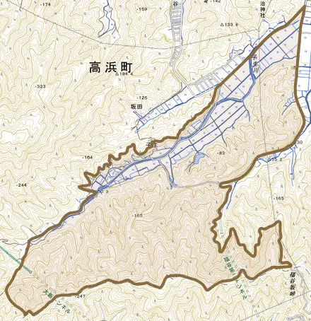 子生とその周辺の地図。町の範囲を重ねている