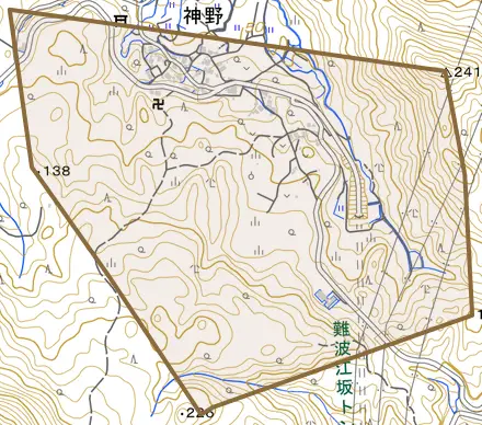 神野とその周辺の地図。町の範囲を重ねている