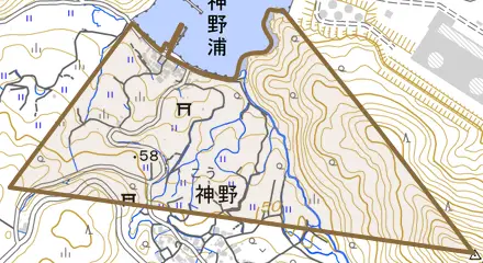 神野浦とその周辺の地図。町の範囲を重ねている