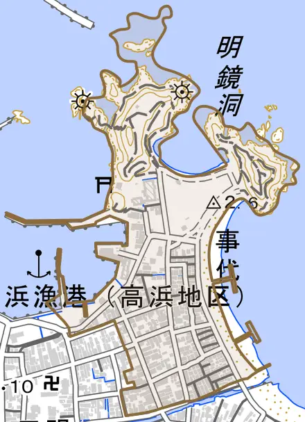 事代とその周辺の地図。町の範囲を重ねている