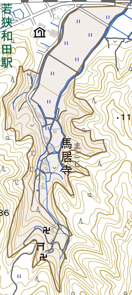 馬居寺とその周辺の地図。町の範囲を重ねている