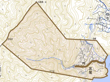 宮尾とその周辺の地図。町の範囲を重ねている