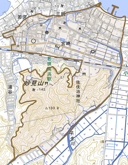 宮崎とその周辺の地図。町の範囲を重ねている