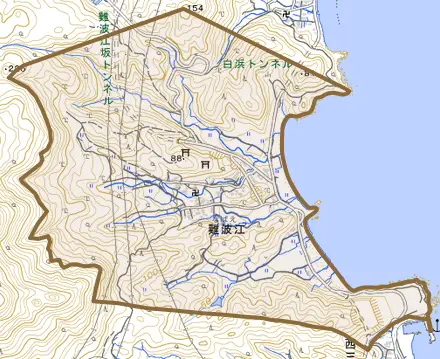 難波江とその周辺の地図。町の範囲を重ねている