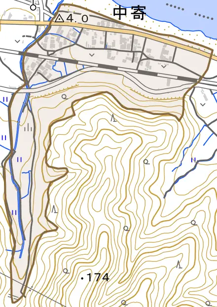 中津海とその周辺の地図。町の範囲を重ねている