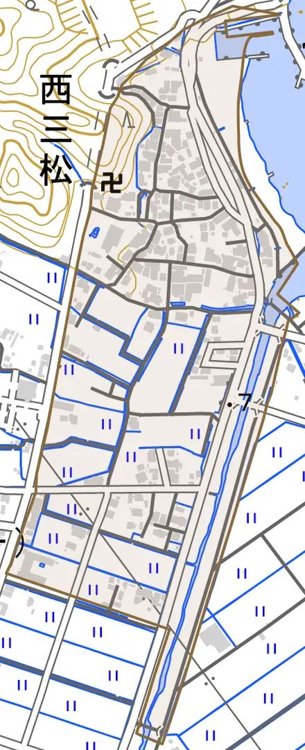 西三松とその周辺の地図。町の範囲を重ねている