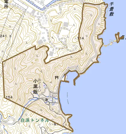 小黒飯とその周辺の地図。町の範囲を重ねている